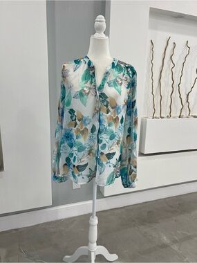 Chico's White Floral V-Neck Long Sleeve Blouse with Teal & Blue Leaves